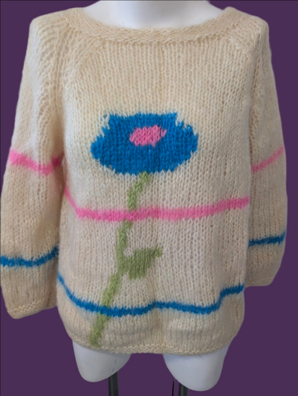 Vintage Ski Sweater 60s Hand Made Cream Floral Knit Sweater Blue Flower Italian